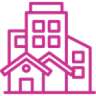 Pink building icon on black background